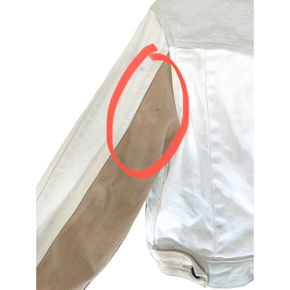 Triarchy Atelier Patchwork Denim Cream Colorblock Moto Denim Jacket Size Small - Picture 7 of 11